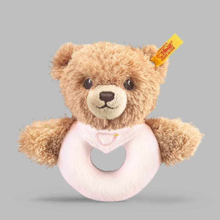 Close-up of plush bear grip rattle – ideal first toy for baby’s early development