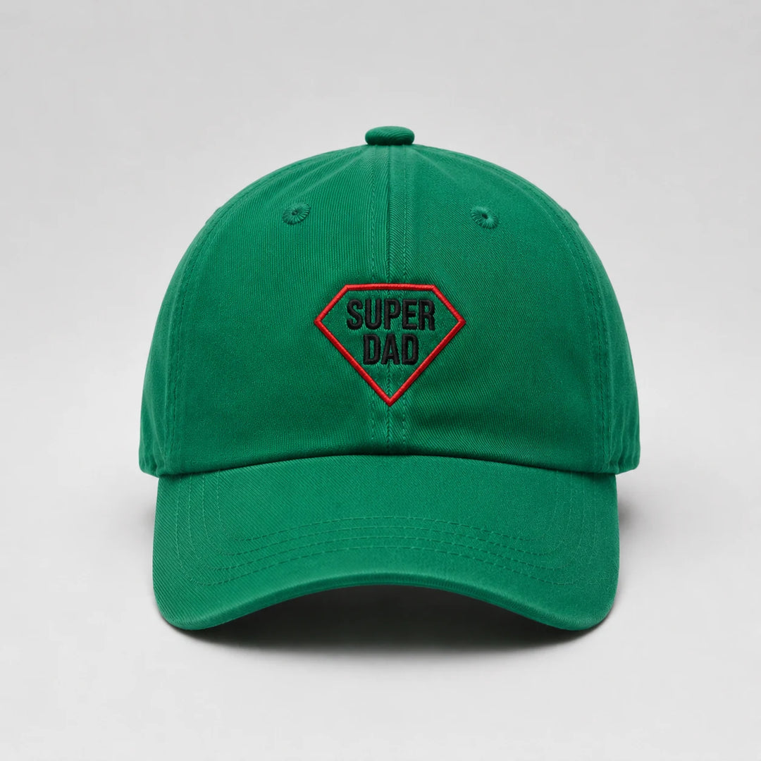 Green cap with 'Super Dad' embroidery on a light gray background