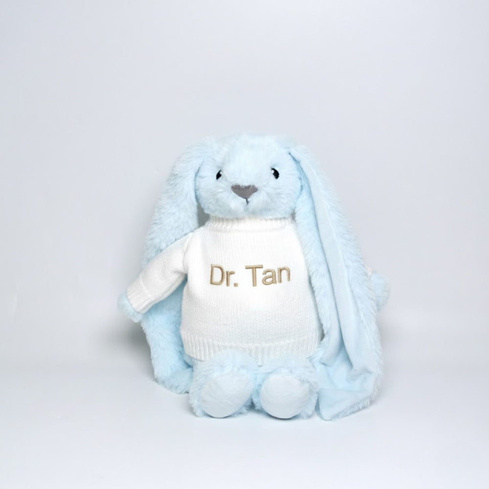 Blue plush bunny toy with 'Dr. Tan' text on a light gray background