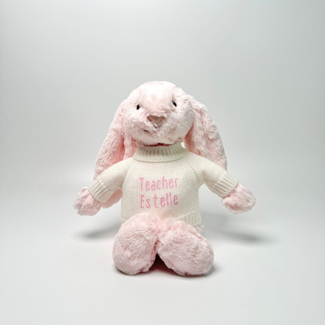 Jellycat Pink Bunny in Cream Jumper and "Teacher Estelle" customisation in pink