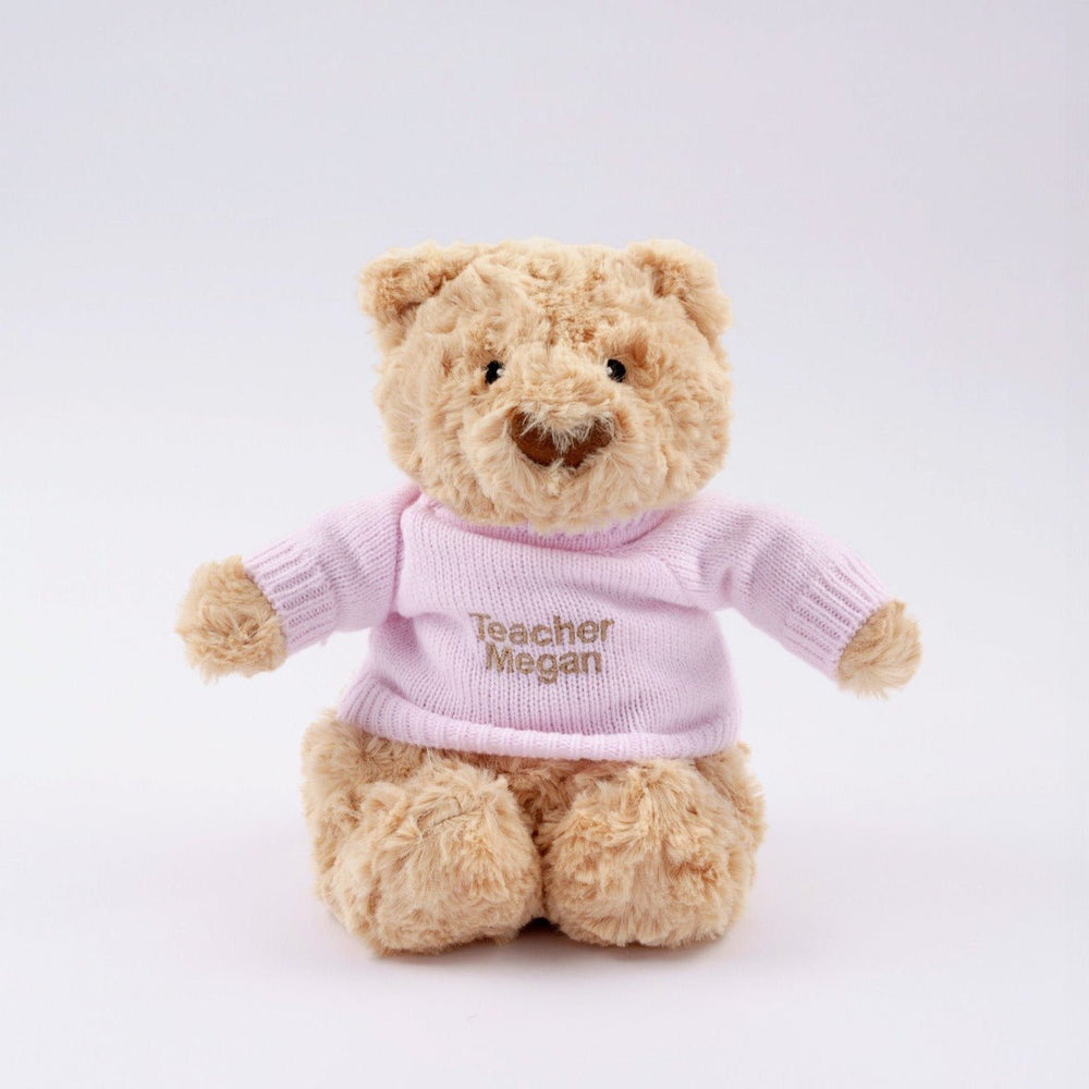 Hugsy Bear in Personalised Shirt with "Teacher Megan" customised