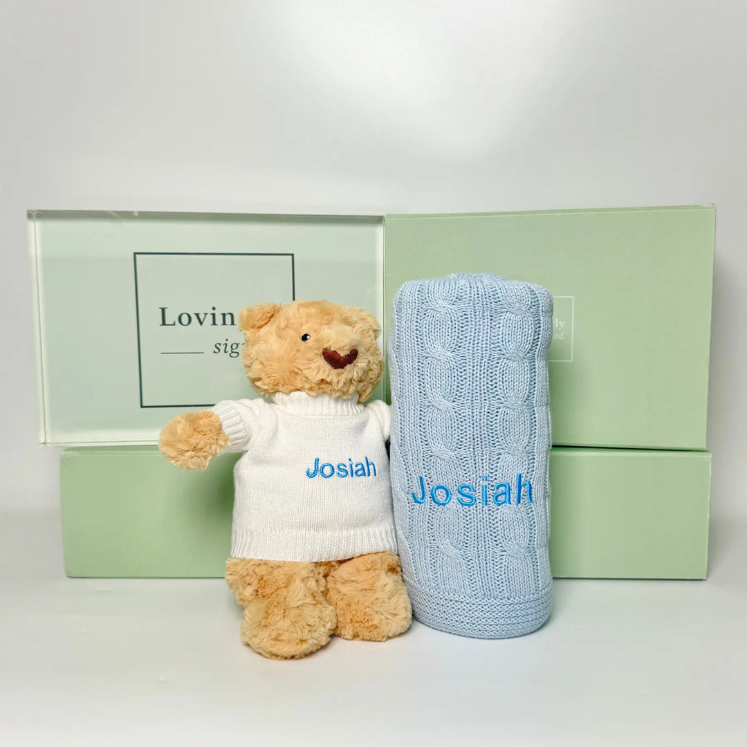 Teddy bear and baby blue blanket with 'Josiah' personalised 