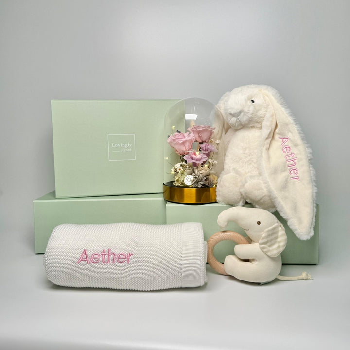 A collaboration Gift Hamper for Mum and Baby by Lovingly Signed and SJÖ Flora.