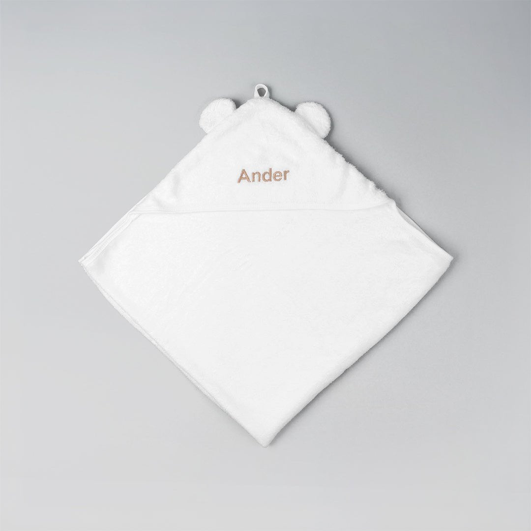 Personalised White Hooded Towel with Ears with "Anders" in Beige Thread