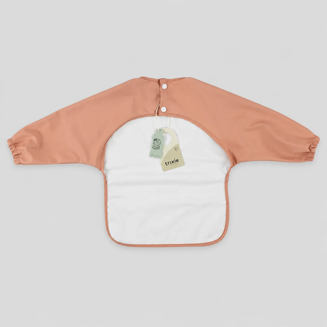 Back view of Trixie Mrs Cat long sleeve waterproof baby bib with snap button closure