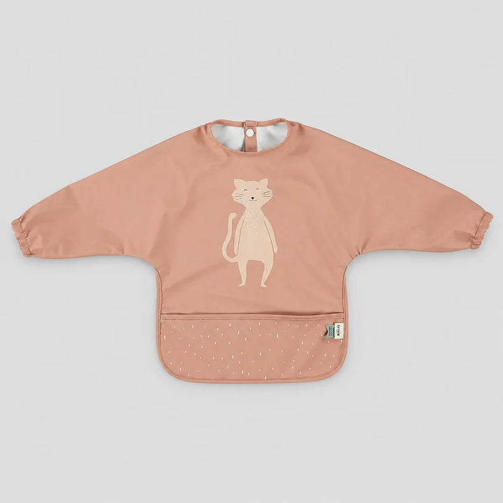 Trixie Mrs Cat long sleeve waterproof baby bib in pink with front pocket
