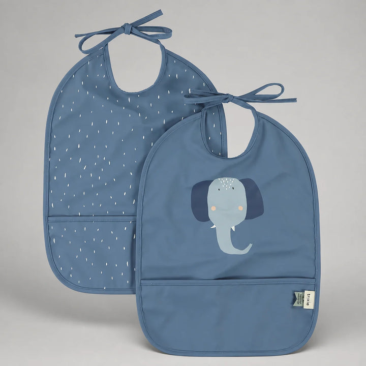 Trixie Mr Elephant waterproof baby bib in blue with front pocket and tie closure