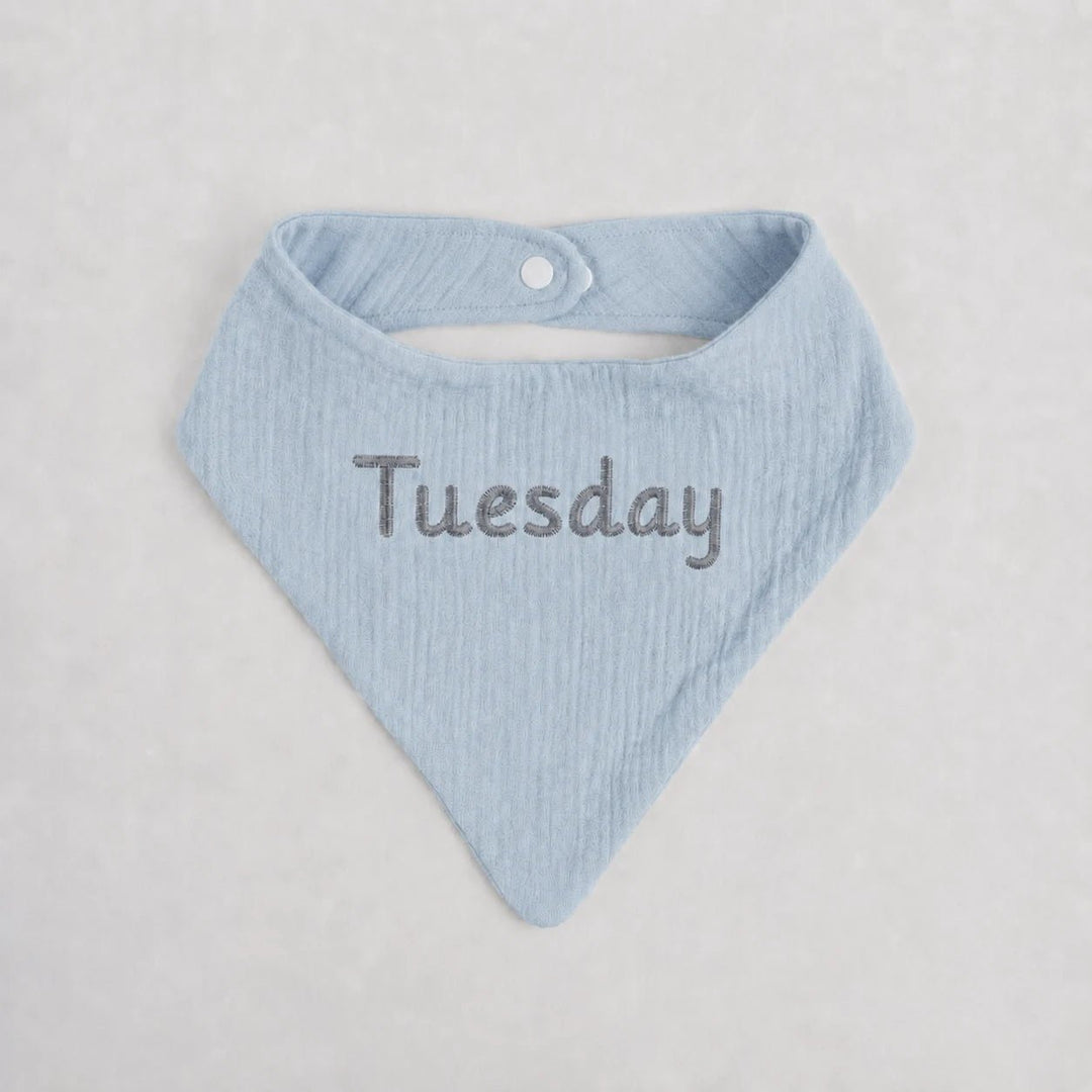 Light blue baby bib with 'Tuesday' embroidery on a light gray background