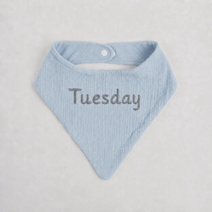 Light blue baby bib with 'Tuesday' embroidery on a light gray background