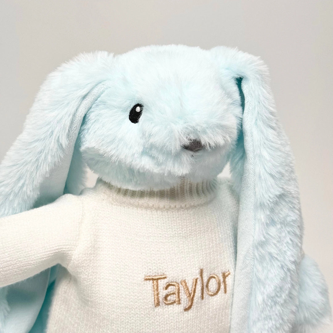 Close up of Personalised Twinkle Bunny in Blue
