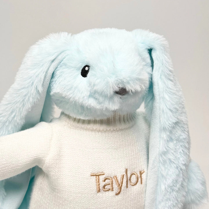 Close up of Personalised Twinkle Bunny in Blue