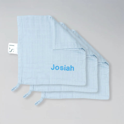 Personalised Bamboo Muslin Cloths - Blue (Pack of 3)