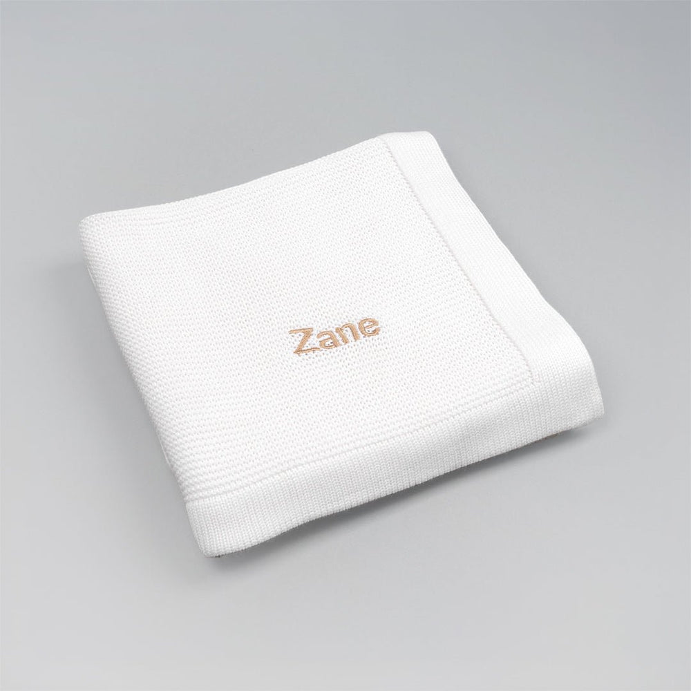 Personalised White Bamboo Blanket with "Zane" customised in Beige Thread