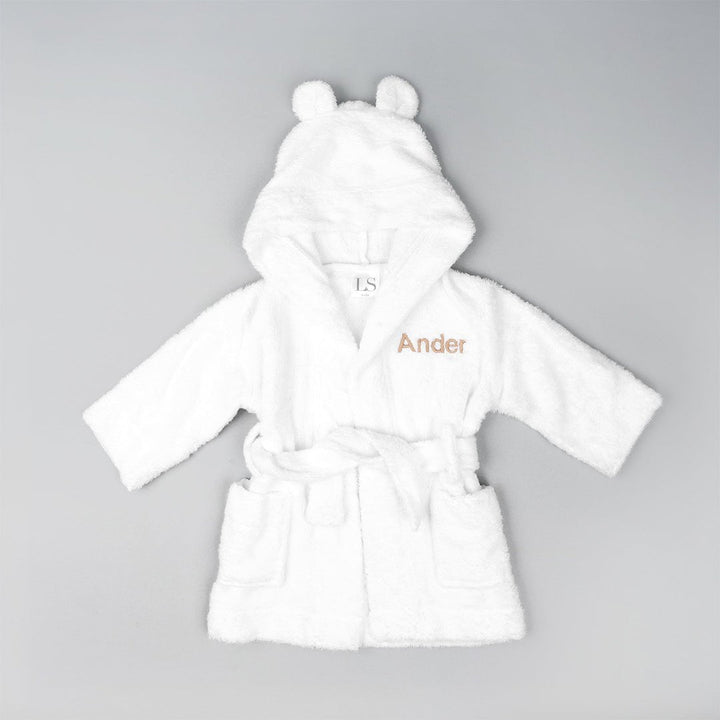 White Bamboo Robe personalised with "Ander" in beige thread