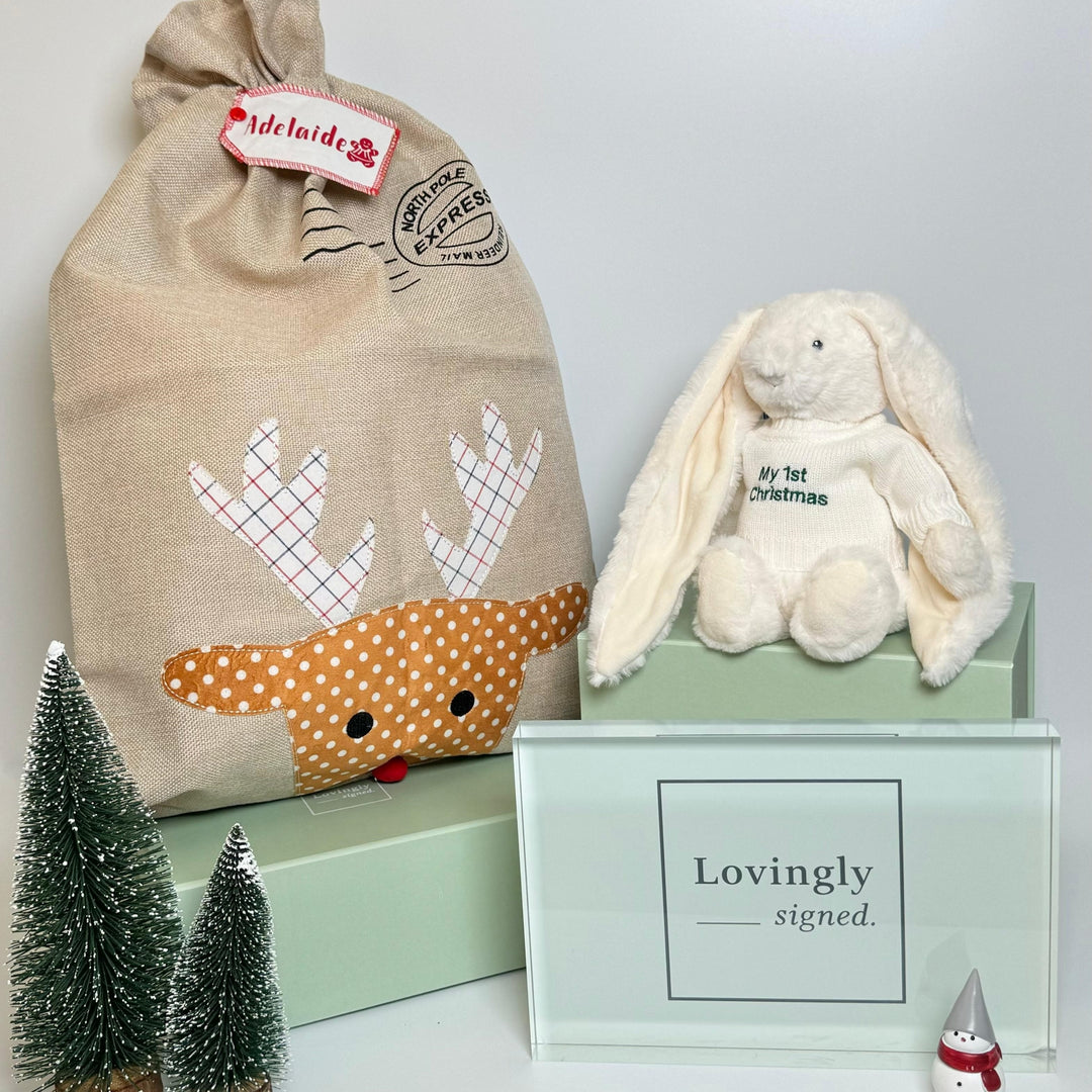 Customised reindeer sack and merry christmas bunny