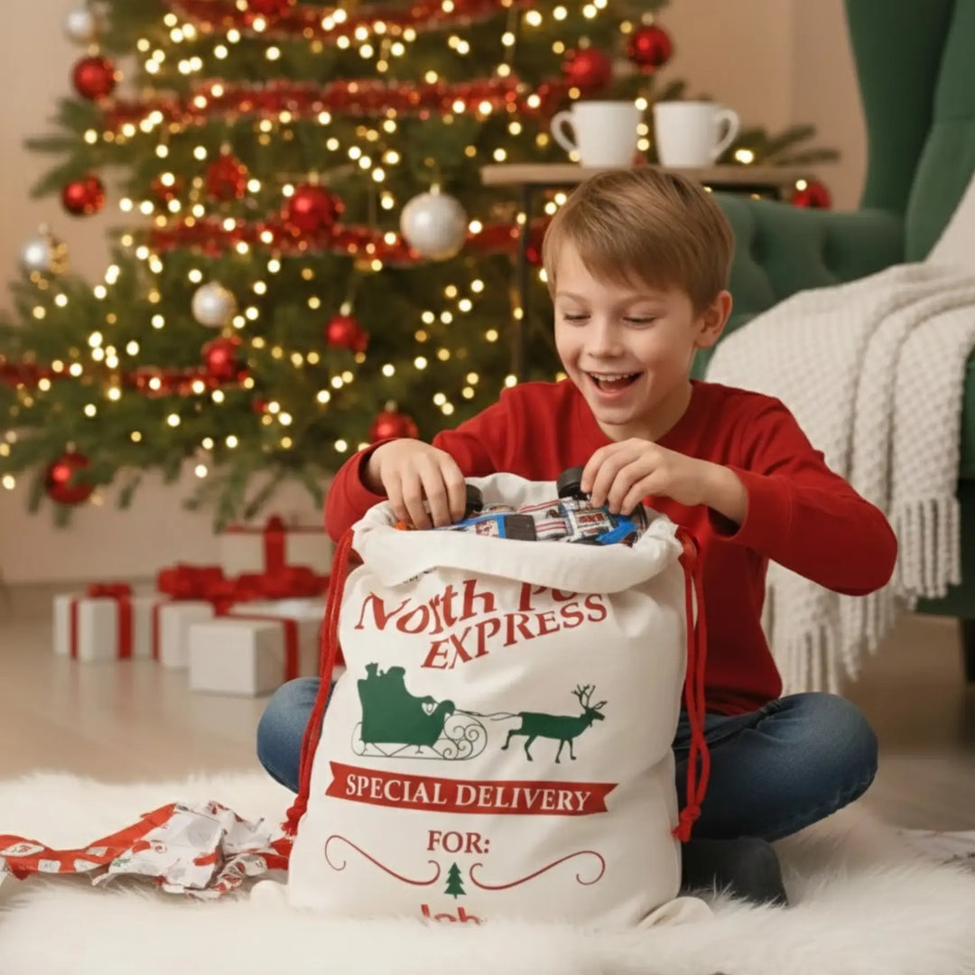 Child opening a 'North Pole Express' gift bag in front of a decorated Christmas tree.