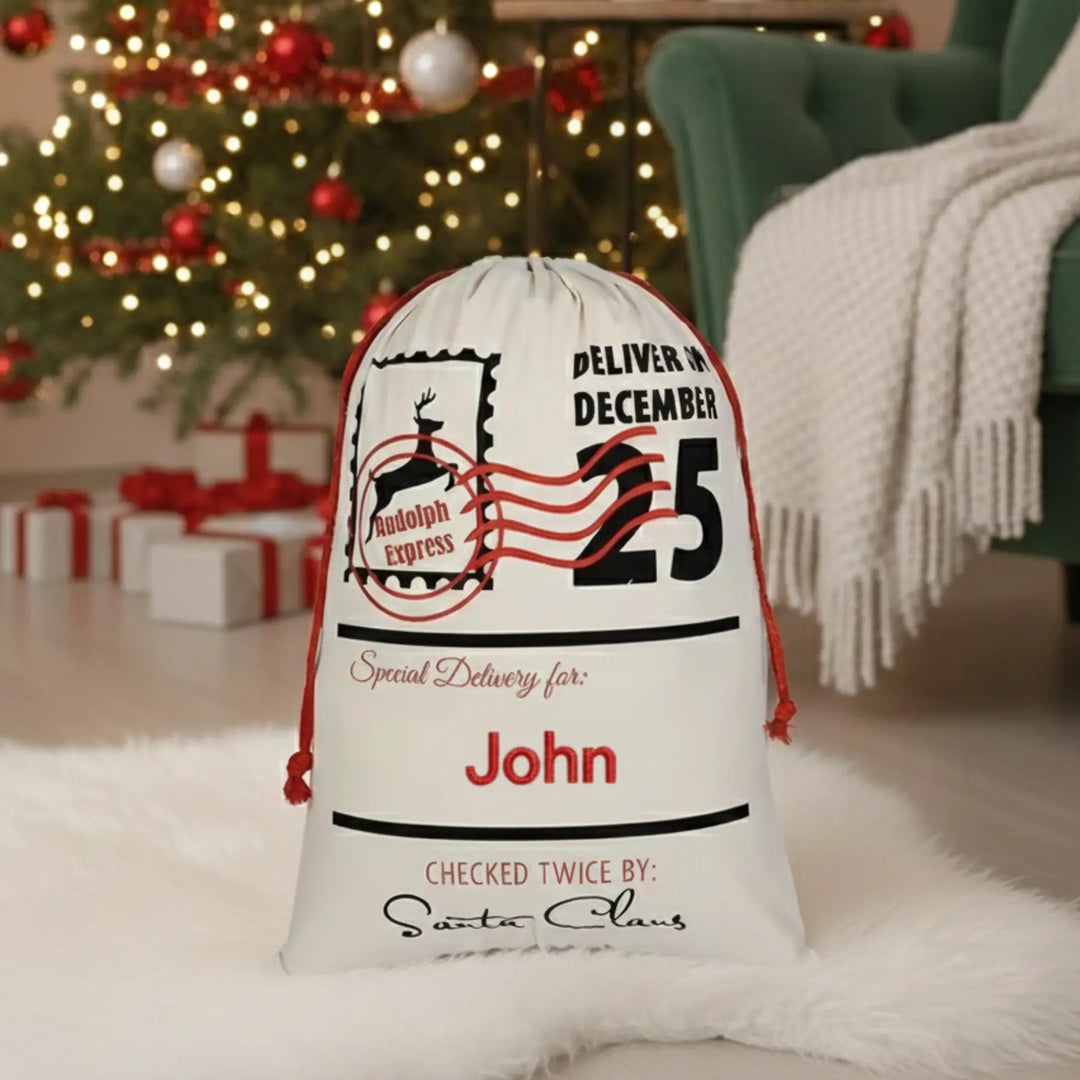 Personalized Santa sack with Christmas tree and presents in the background