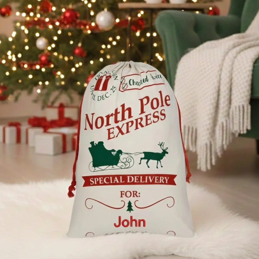 Personalized Santa sack with 'North Pole Express' text in a festive room with Christmas tree and presents.
