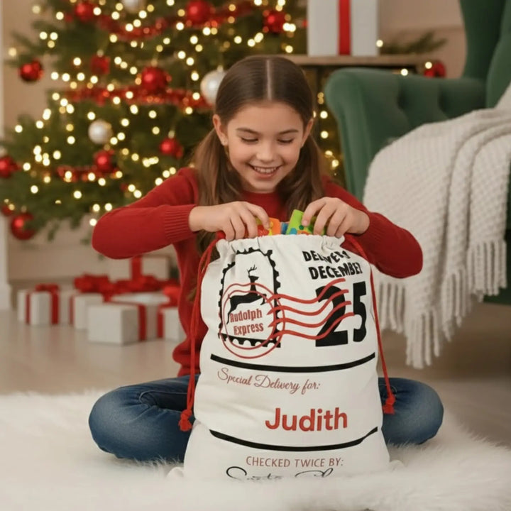 Child opening a personalized Christmas sack in front of a decorated Christmas tree.