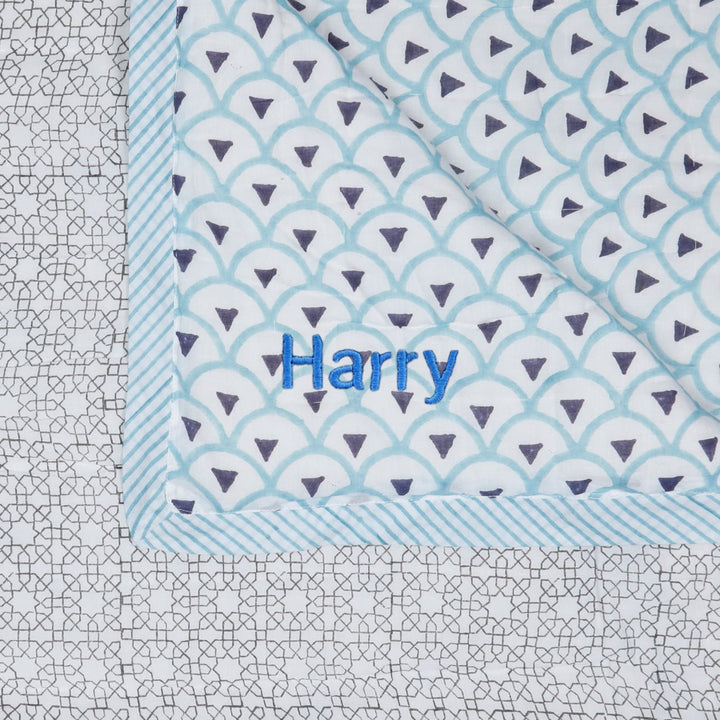 Personalised Baby Quilt - Kyoto Aqua - LOVINGLY SIGNED (SG)