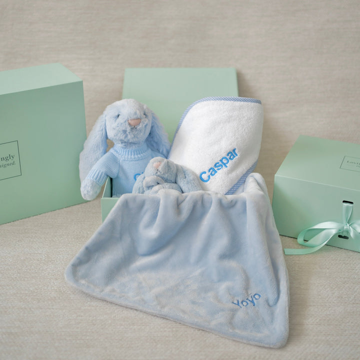 Personalised Bathtime, Bunny and Comforter Snuggle Set - Blue