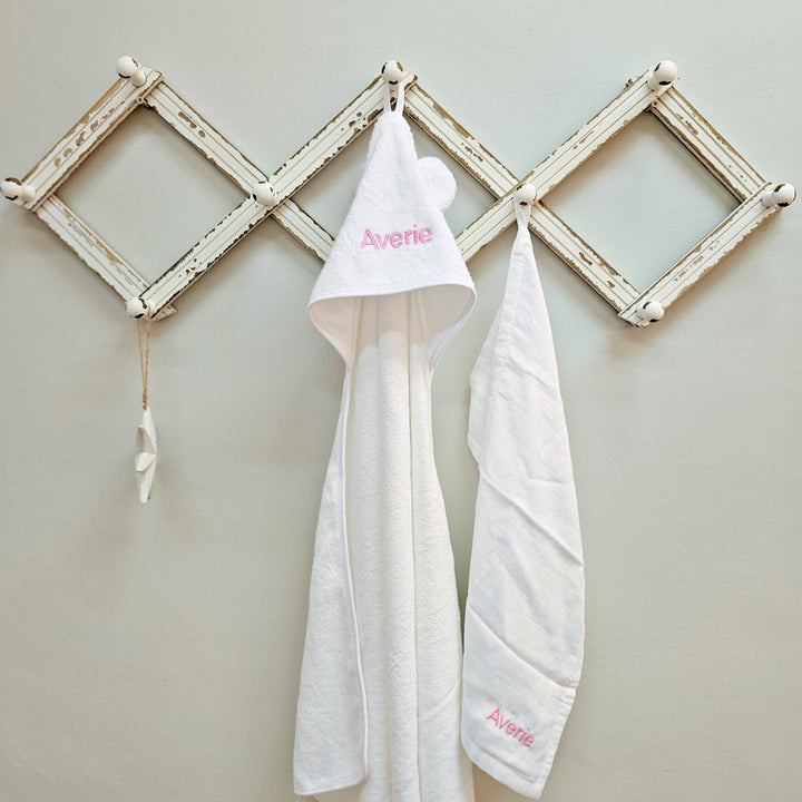 Personalised Bamboo Hooded Towel with Ears & Wash Cloth - White