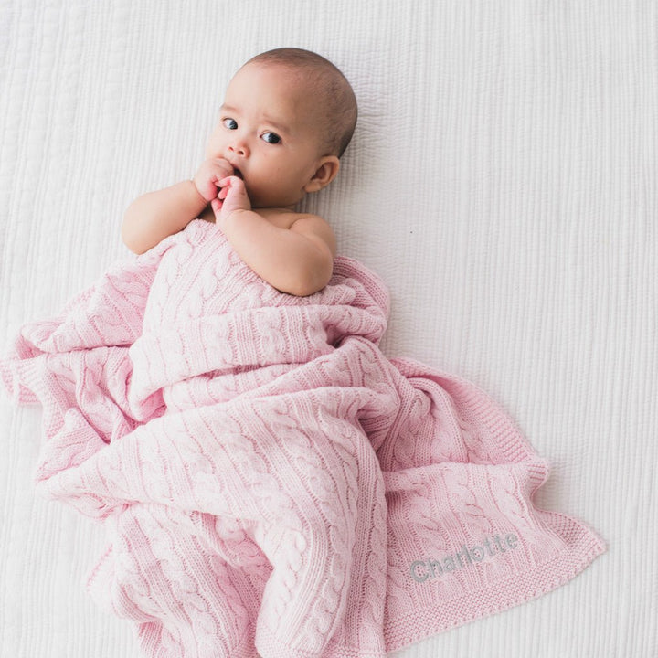 Personalised Luxury Baby Cable Knit Blanket - Pale Pink - LOVINGLY SIGNED (SG)