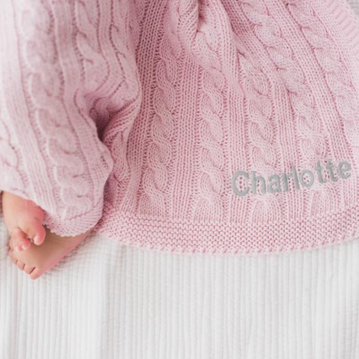 Personalised Luxury Baby Cable Knit Blanket - Pale Pink - LOVINGLY SIGNED (SG)